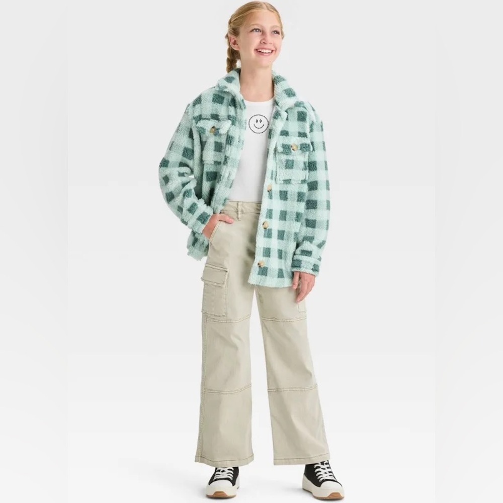 Art Class Girls' Faux Shearling Plaid Shacket - Teal Green - Picture 3 of 5